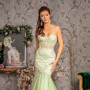 NEW LONG FORMAL SLEEVELESS STRAPLESS DRESS EMBROIDERED WITH FLORAL LACE GL3211